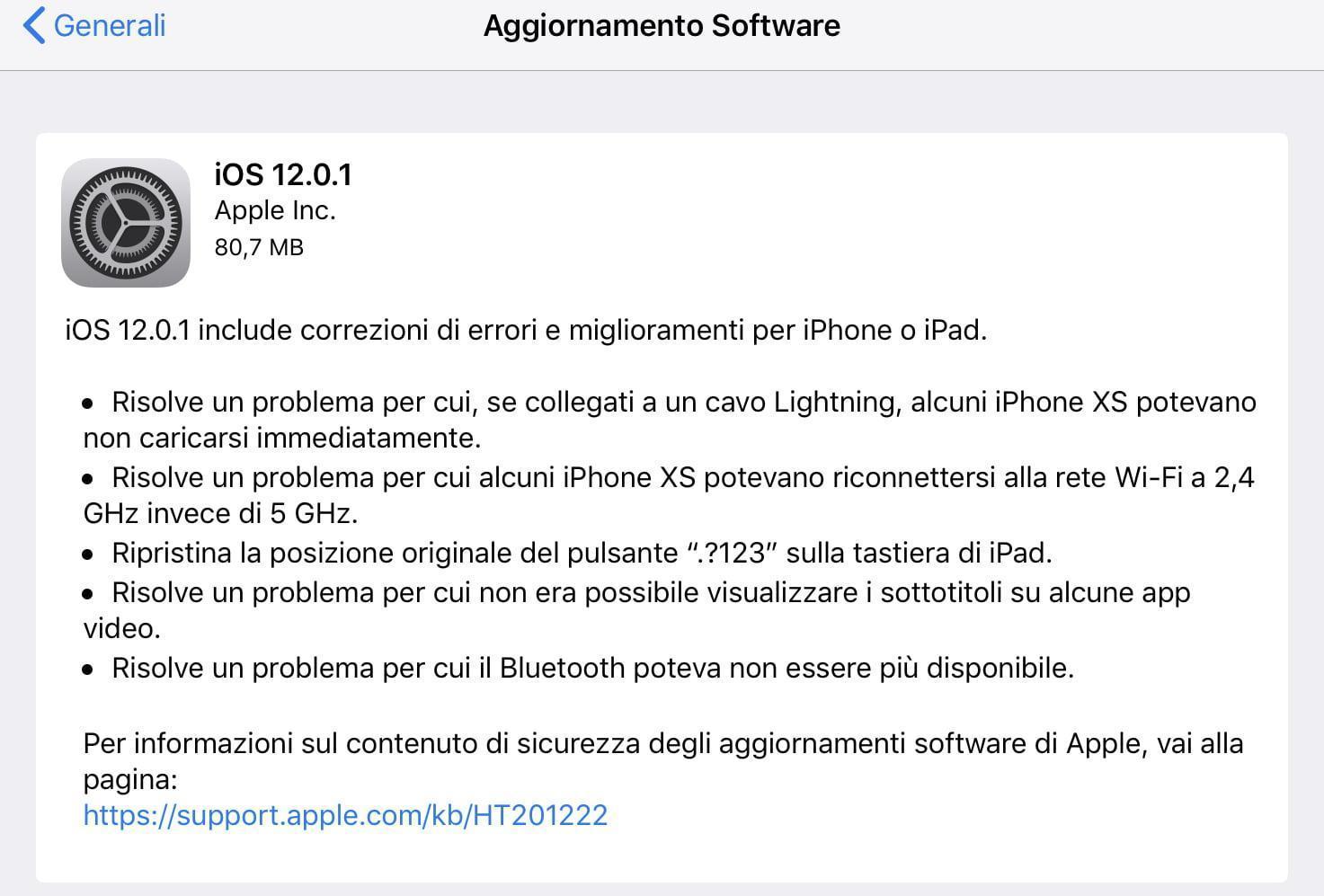 iOS 12.0.1 novità aggiornamento update